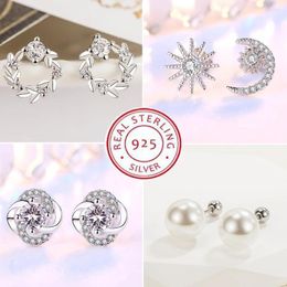 Stud Earrings 925 Sterling Silver Female Luxury Crystal Round Vintage Wedding Jewelry White Zircon Stone Nice