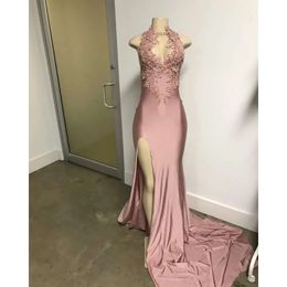 2018 Split Pink Prom African Mermaid Party Lace High Thigh Slit Evening Gowns Appliqued Celebrity Dresses 0510