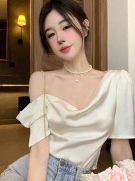 Women's Blouses Woman Summer French Sexy Off-shoulder Short Sleeve T-shirt Female Sweet Spice Girl Collarbone Top Ins Solid Suspender Tees