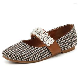 Casual Shoes 2024 Spring Autumn Lolita Ladies Plaid Brand Flats Pearl Beaded Belt Ballerina Loafers Women Square Toe OL Work Moccasins