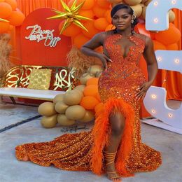 Luxury Aso Ebi Orange Prom Dresses With Slit Sparkly Sequin Crystal Beaded Feather Mermaid Evening Gown For Black Women 2024 Plus Size Dance Birthday Party Dress