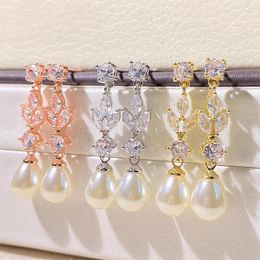 Dangle Earrings Fashion Marquise Cut Cubic Zircon For Women Imitation Pearl Leaf Wedding Jewelry Factory Price FSEP2179