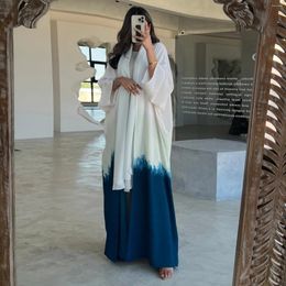 Ethnic Clothing Dubai Muslim Fashion Women Elegant Tie-Dye Contrast Color Open Kimono Abayas Moroccan Kaftan Islam 2024