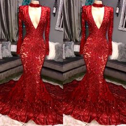 Red Royal Blue Gorgeous Bling Sequins Prom Dresses Mermaid Long Sleeves V Neck Evening Dress Women Elegant Party Gowns BC0842 190c