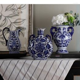 Vases Chinese Vintage Ceramic Vase Blue Flower Geometric Arrangement Living Room Office Furnishings Modern Home Decoration