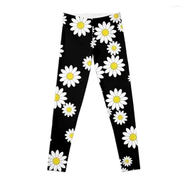 Active Pants Cute Black Daisy Print - Floral Leggings Sport Gym Woman