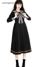 Casual Dresses Original JK Uniform Japanese Cute Sailor Collar Long Sleeve Colour Matching Mid-calf Preppy Style Sweet Slim Black Dress