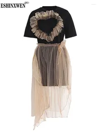 Work Dresses Eshin O Neck Short Sleeve Pactchwork 3D Flower T Shirt High Waist Gauze Skirt 2 Piece Sets For Women 2024 Spring TH6352