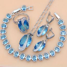 Bracelets Sterling Sier Jewellery Set Women Blue Cubic Zirconia Earrings/pendant/necklace/rings/tennis Bracelet