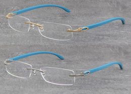 Whole Fashion Blue Wooden Metal Rimless Frame Man Woman Square Optical Original 4 Color Wood Eyeglasses 18K Gold Frame glasses7152011