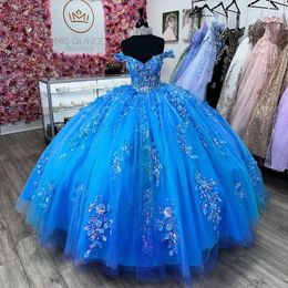 Blue Beading Glitter Crystal Ball Gown Quinceanera Dresses Off The Shoulder Applique Lace Tull Corset Vestidos De 15 Anos