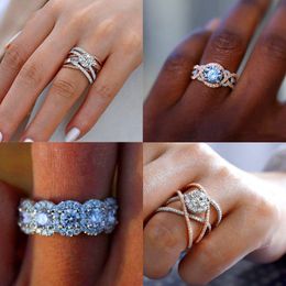 Luxury Female Big Crystal Round Engagement Ring Cute 925 Silver Rose Gold Zircon Stone Ring Vintage Wedding Rings For Women 277H