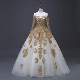 Arabic Gold Appliques Ball Gown Wedding Dresses With Long Sleeves New Real Photos Princess Dubai Wedding Gowns Custom Made 283F