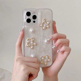 Cell Phone Cases 3D Cream Gold Border Pearl Phone Case For iPhone 15 Pro Max 14 13 12 11 Luxury Fashion Epoxy Girl Shell Shockproof Soft Cover J240509