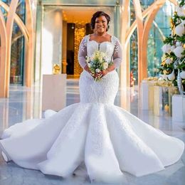 2019 Plus Size Mermaid Wedding Dresses Long Sleeves Sweetheart Neckline Sequins Applique Lace Sweep Train Organza Satin Wedding Bridal 193r