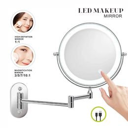 Compact Mirrors 8-inch makeup mirror Chrome 3x/5x/7x/10x enlarged double-sided USB charging bathroom 3-color light intelligent Q240509