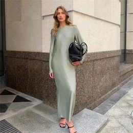 Casual Dresses Loose Black Satin Midi Dress For Women Fashion Green O-Neck Long Sleeve Straight Split Ankle Length Street Clothes