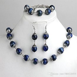 1set fashions lapis lazuli ball beads bracelet necklace earrings hook jewelry set 0 47 4745094