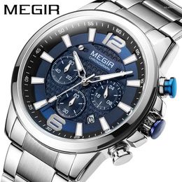 Wristwatches MEGIR 2156 Men Quartz Watch Luxury Cool Business Waterproof Luminous Chronograph Stainless Silvery Steel Wristwatch For Male