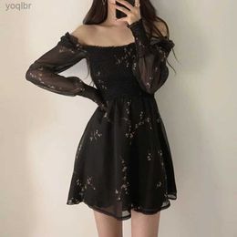 Urban Sexy Dresses New Summer Womens Sexy Black Dress Retro Flower Party Dress Long Fluffy Sleeves Chiffon Dress Beach Casual Mini Robe 13676L2405