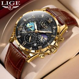 LIGE 2024 Top Luxury Brand Men Genuine Leather Sports Watches Mens Army Military Watch Male Date Quartz Clock Relogio Masculino 240510