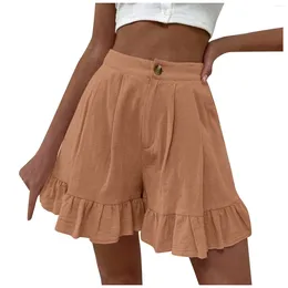 Women's Shorts Summer Loose Fitting Wide Leg With A Line Ruffle Trim Cotton Linen Texture For Casual Soft Wear