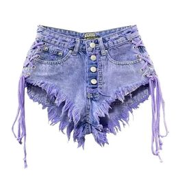 Womens Autumn Purple Fashionable Sexy Low Rise Single breasted A-line Denim Shorts with Strap Pants 240509