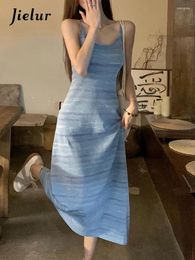 Casual Dresses Korean Style Sleeveless Blue Striped Women's High Waist Slim Spell Color Fashion Elegant Female Vacation Dress