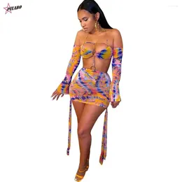 Casual Dresses PULABO Sheer Mesh Tie Dye Print Cut Out Beach Wear Sexy Halter Long Sleeve Hollow Bandage Bodycon Club Party Clothing Female