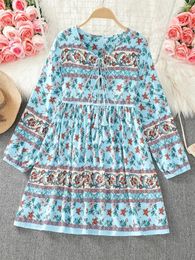 Casual Dresses Women Vacation Style Printed O-neck Long Sleeve Lace-up Doll Dress French Retro Sweet Mini Vestidos De Mujer Dropship