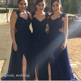 Dark Navy Blue Long Country Bridesmaid Dress Elegant Side Slit Chiffon Lace Women Wear Formal Maid of Honour Dress For Wedding Party Gow 324n