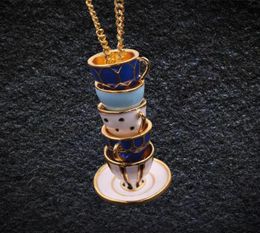 Pendant Necklaces Long Tea Cups Stack Necklace Hand Made Teacup Sweater Chain Stereoscopic Enamel Jewellery Women Collar6752655