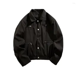 Men's Jackets Jacket Long Sleeves Turndown Collar Single Breasted Tops Women Loose Solid Color Metal Zipper Pockets Short Coat