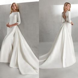Mermaid Wedding Dress With Train Bateau Neck Long Sleeves Satin Bridal Gowns Covered Button Back Princess Dresses 197K