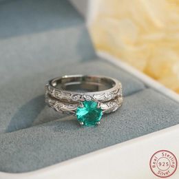 Cluster Rings 2024 925 Sterling Silver Dilayer Ring Consist Of A Carved With Pattern And Green Gemstone