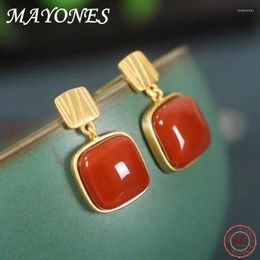 Stud Earrings 925 Sterling Silver Gold-plated Southern Red Agate Personalised Temperament Women's Square