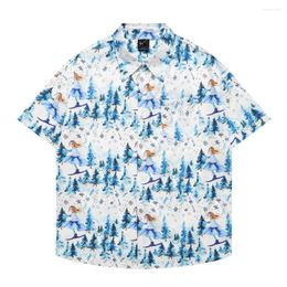 Men's Casual Shirts Men Retro Hawaiian Beach Harajuku Snow Cartoon Print Shirt Streetwear Hip Hop Summer Unisex Aloha Button Tops