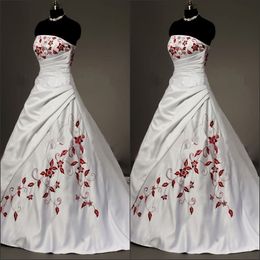 Abiti da sposa ricamato rosso bianco di raso abito da ballo taglie forti per sposa 2022 pieghe con allaccia senza spalline