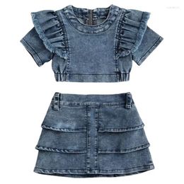 Clothing Sets 2Piece Summer Toddler Clothes Baby Girl Outfit Set Korean Casual Fashion Denim Short Sleeve Tops Skirt Children BC442