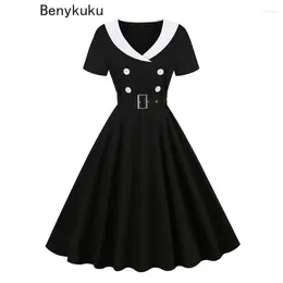 Party Dresses Hepburn Style Double-Breasted 50s 60s Vintage Cotton Women Elegant Shawl Collar Short Sleeve Sash Dress Women's Clothing