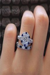 2020 Couple Rings Vintage Fashion Jewelry 925 Sterling Silver Cushion Shape Blue Sapphire CZ Diamond Gemstones Women Wedding Brida8883121