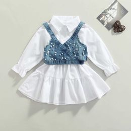 Sukienki dziewczynki Baby Girl 2pcs A-Line Shirt Sukienka z długim rękawem jeansowa kamizelka z koralikami Pearl Dektor solidny zestaw ubrania letni