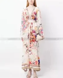 Casual Dresses Women V Neck Flare Sleeve Retro Flower Print Heavy Beaded Maxi Long Silk Dress