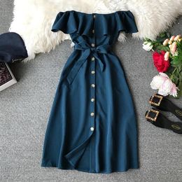Party Dresses French Chic Dress For Women Off-shouder Ruffles Lace-up Female Summer A-line Single Breasted Ladies Vestidos Dropship