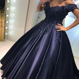 Navy Blue Off the Shoulder A Line Satin Prom Dresses Lace Appliqued Sequins Evening Dresses Long Special Occasion Wear BA6287 255G