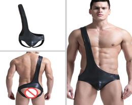 Sexy Mens Black Patent Leather Undershirts Rompers Jumpsuit Slim Waist Bodysuit Erotic Gay Stripper Sleeveless Blouse Underqwear B8949934