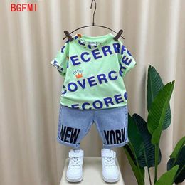 Clothing Sets Korean Children's Top And Bottom Clothes Set Summer Kids Boys Short Sleeved T-shirt Denim Shorts Two Pieces 2-11Y