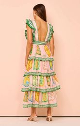 Designer Kleid Fashion 2024 Neues farbiges Porzellan Print Urlaub Schnürung Taillenkuchenkleid