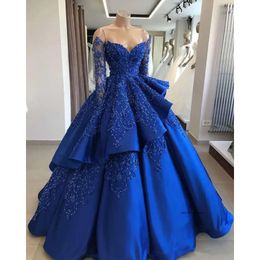 Royal Blue Beaded Evening Dresses Arabic Dubai Quinceanera Dress Illusion Lace Long Sleeve Off Shoulder Stain Formal Prom Party Gowns 0510