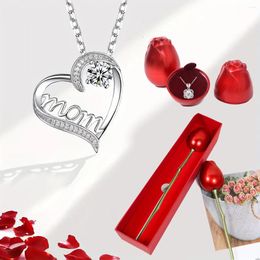 Pendant Necklaces Heart Mom Zircon Necklace With Red Roses Flower Box For Women Mother's Day 2024 Romantic Jewellery Luxury Gifts